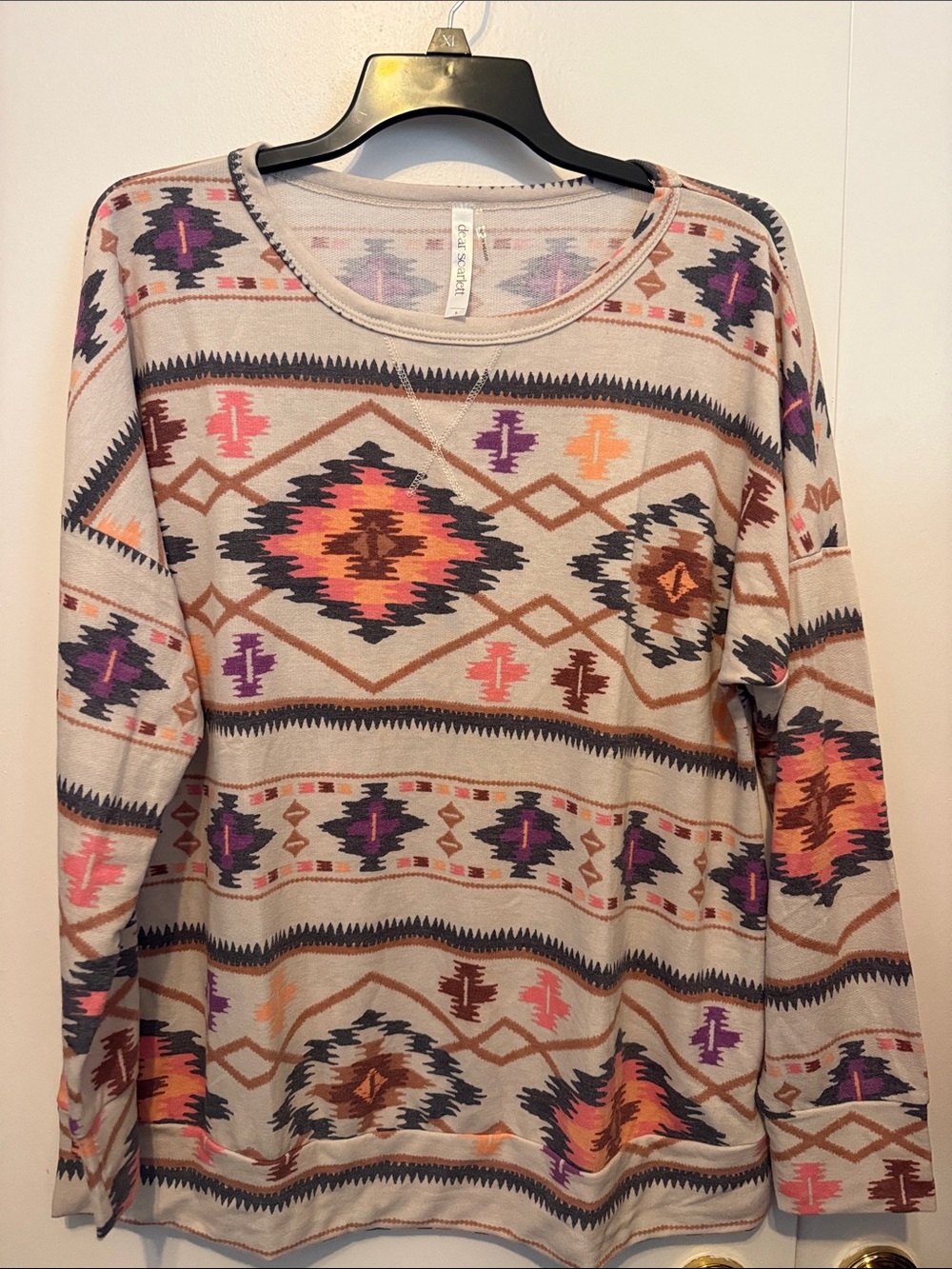Aztec Print Long Sleeve Women’s Top - Beige with Multicolor Pattern